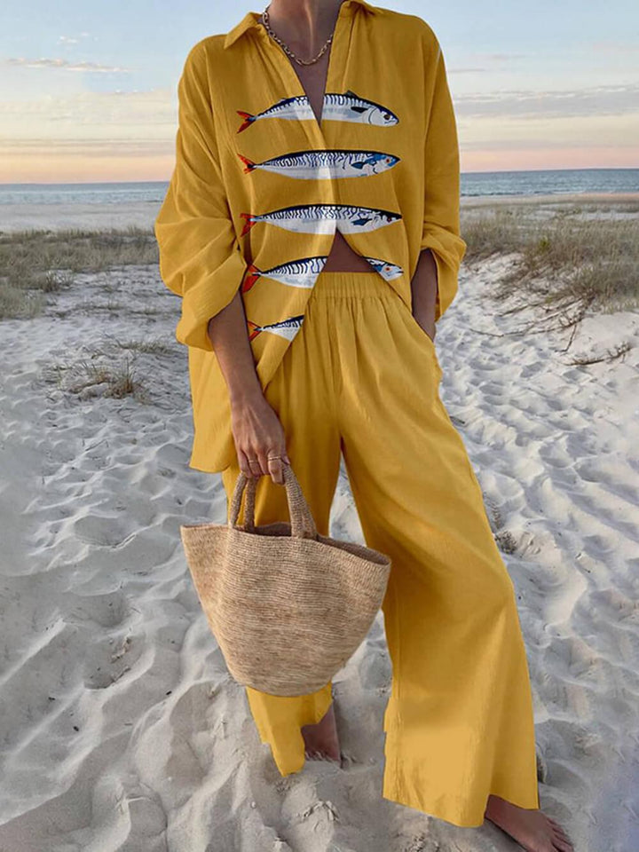 Mae | Island Style Ocean Print Oversized Shirt and Elastic Waist Pocket Trousers Set