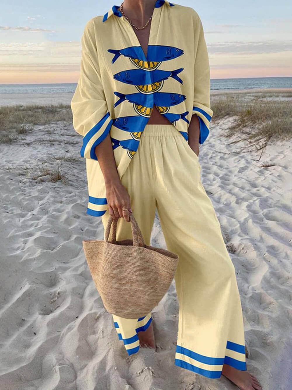 Mae | Island Style Ocean Print Oversized Shirt and Elastic Waist Pocket Trousers Set