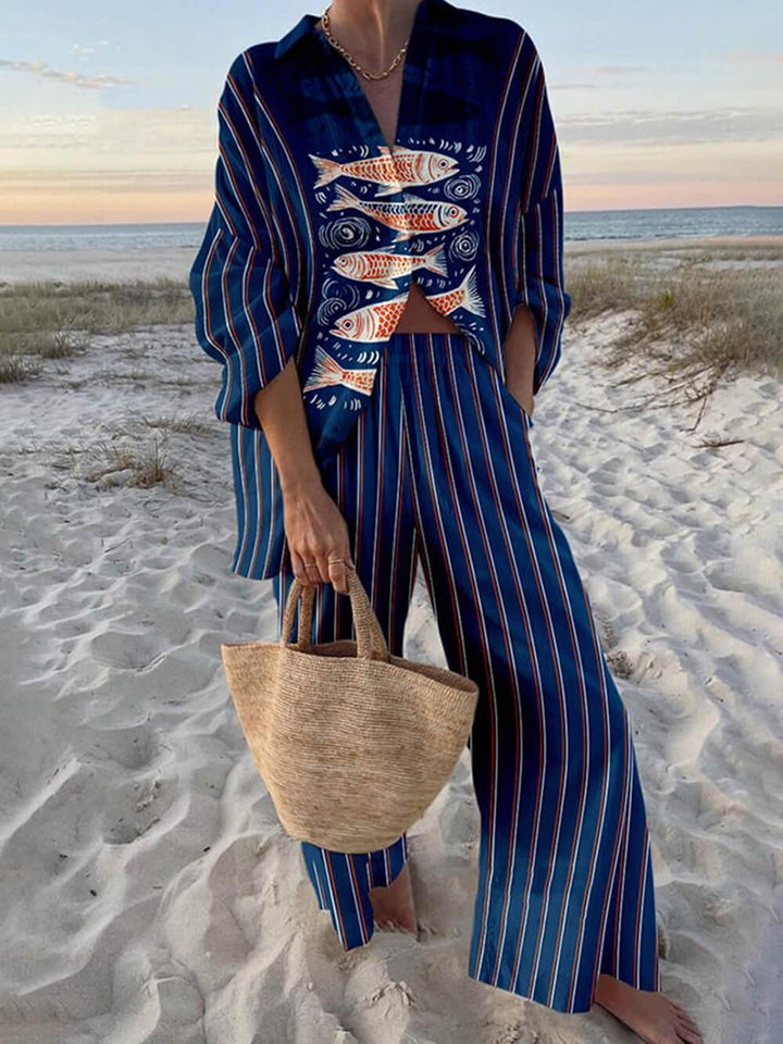 Mae | Island Style Ocean Print Oversized Shirt and Elastic Waist Pocket Trousers Set