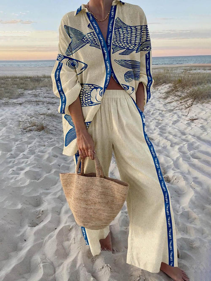 Mae | Island Style Ocean Print Oversized Shirt and Elastic Waist Pocket Trousers Set