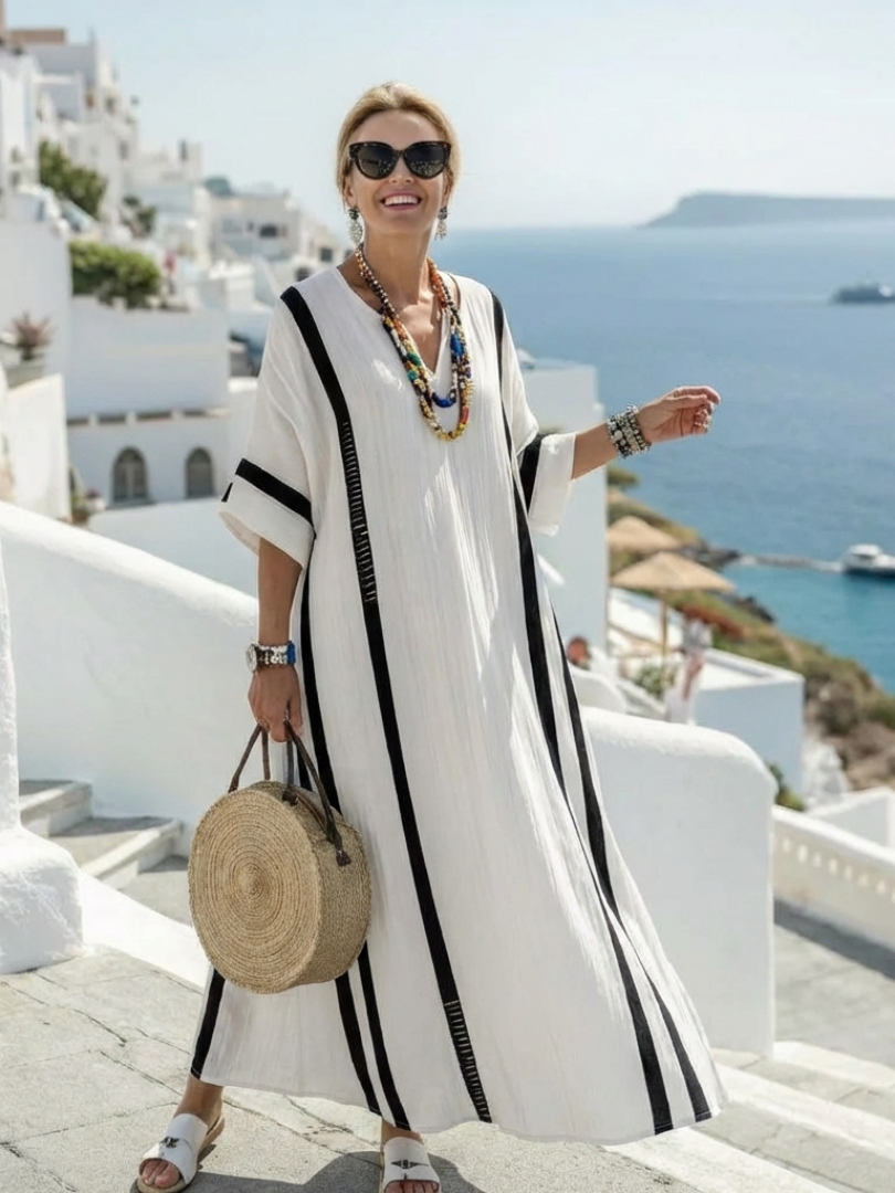 Elvienne | Color Block Striped Maxi Dress with Short Sleeves