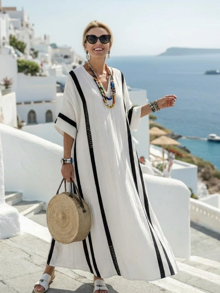 Elvienne | Color Block Striped Maxi Dress with Short Sleeves