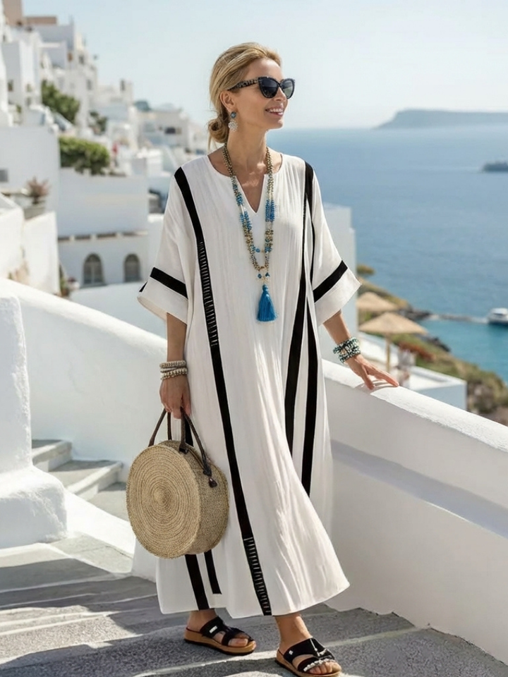 Elvienne | Color Block Striped Maxi Dress with Short Sleeves