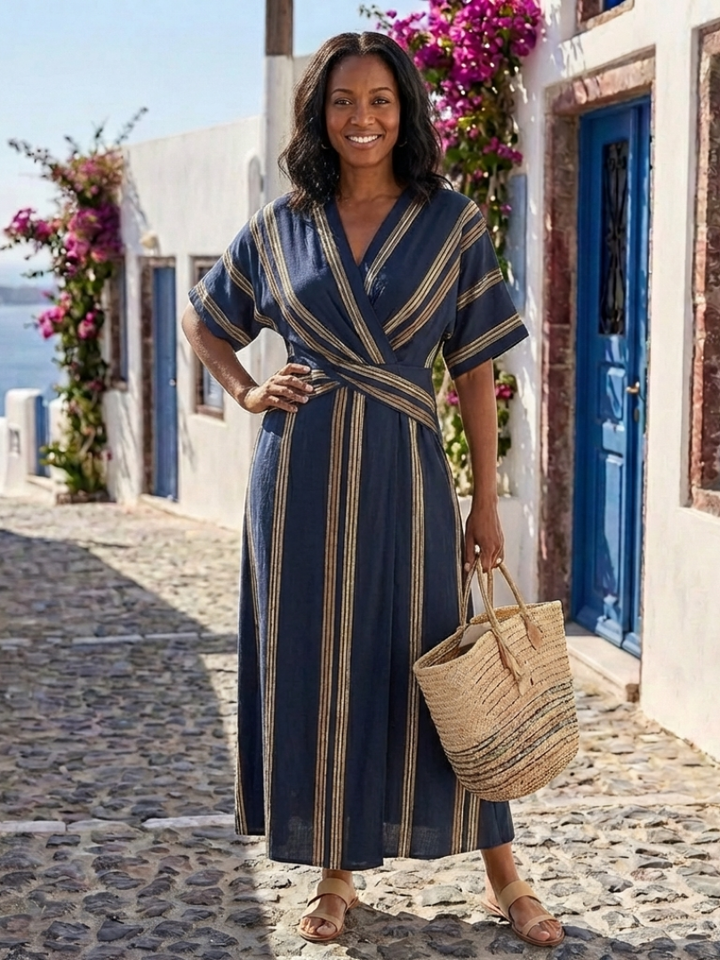 Saphira | Striped V-Neck Midi Dress with Short Sleeves