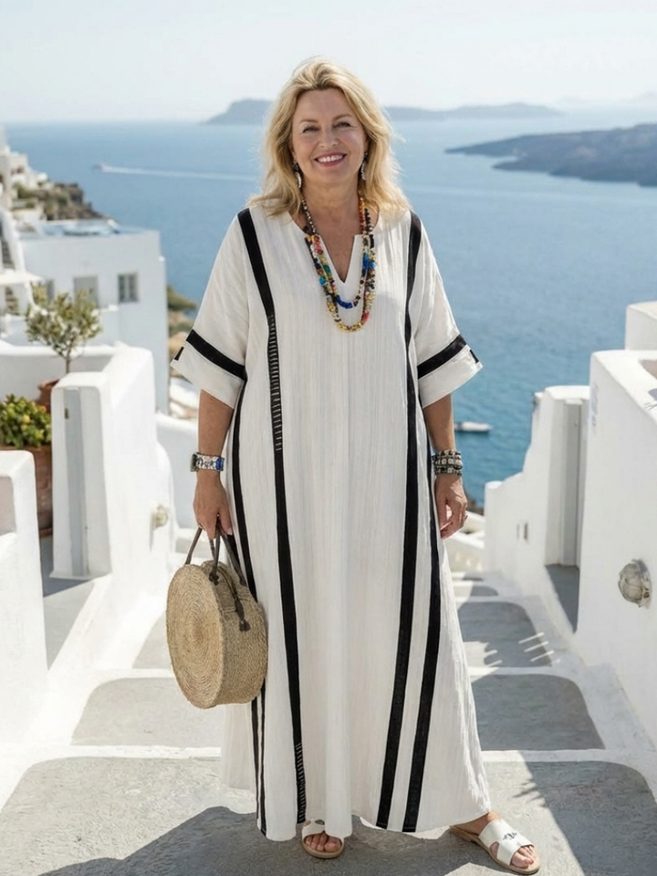 Elvienne | Color Block Striped Maxi Dress with Short Sleeves