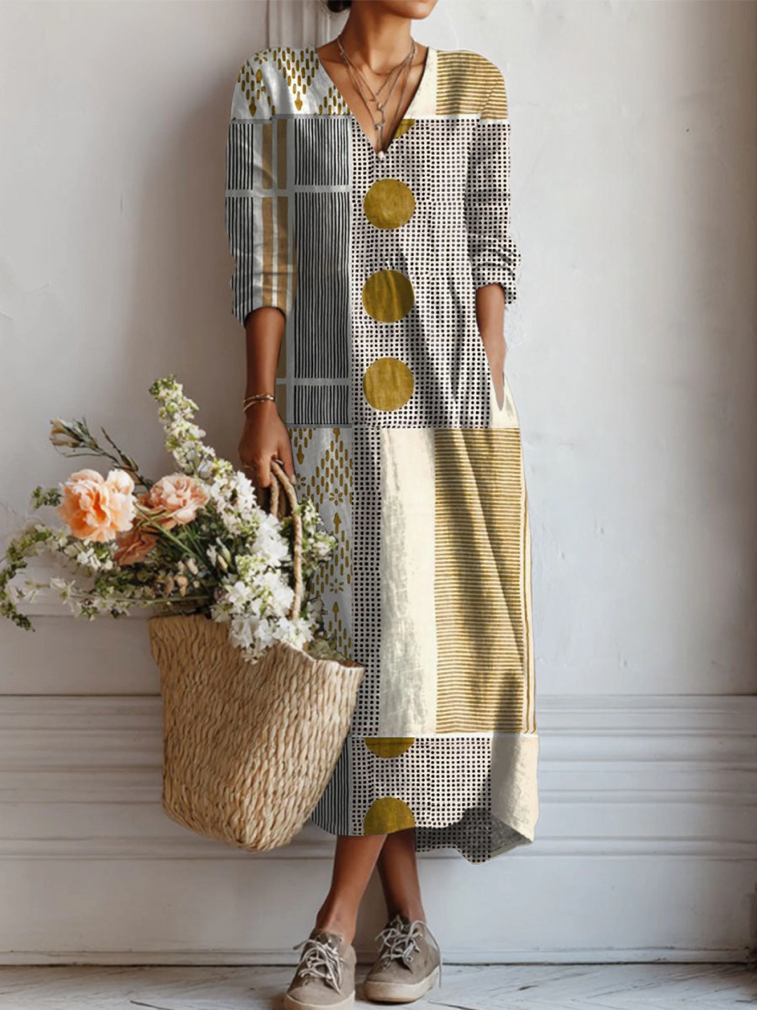 Women's Retro Geometric Art Print Linen Pocket Tunic Dress