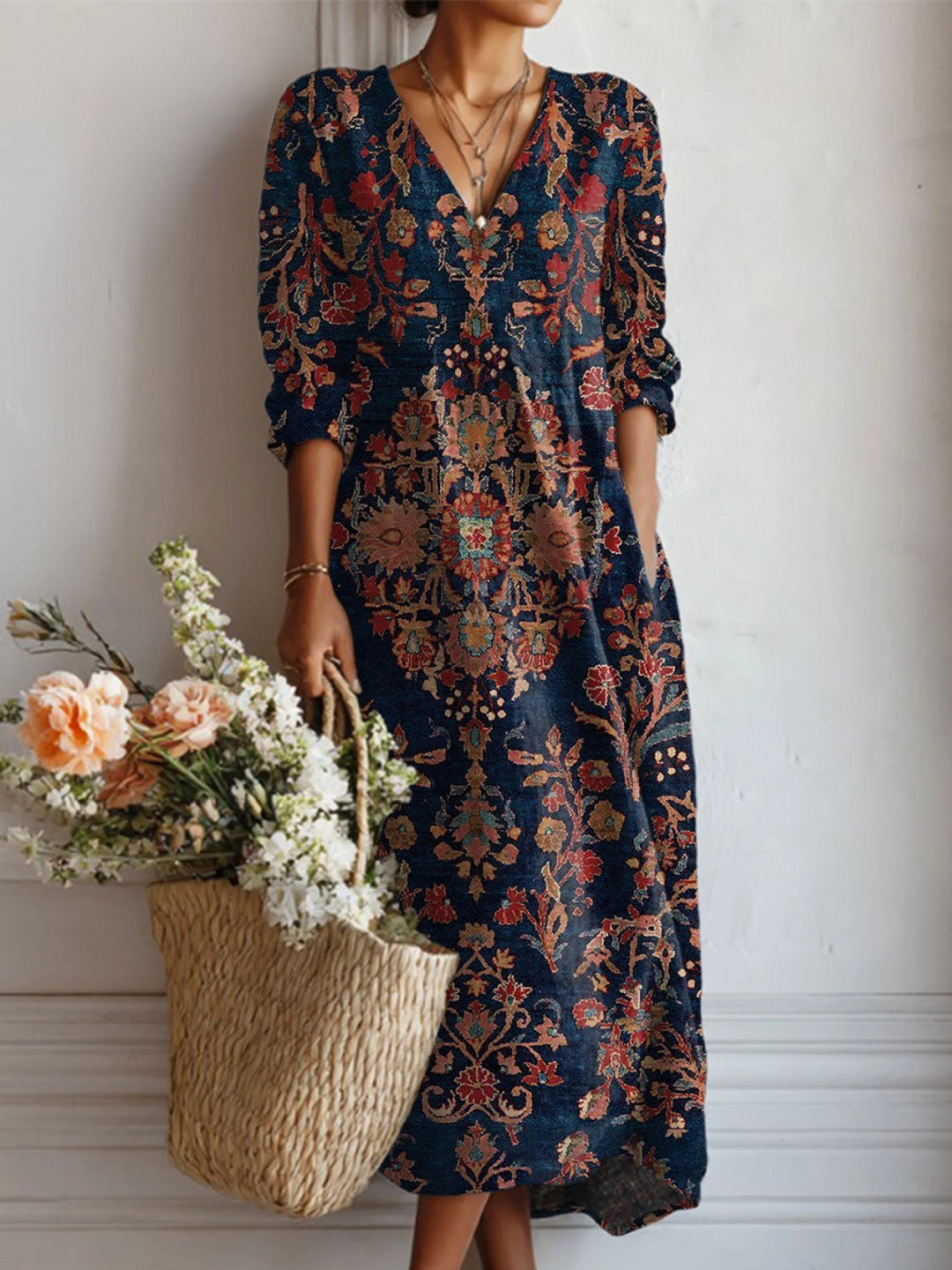 Women's Retro Floral Linen Dress with Pockets