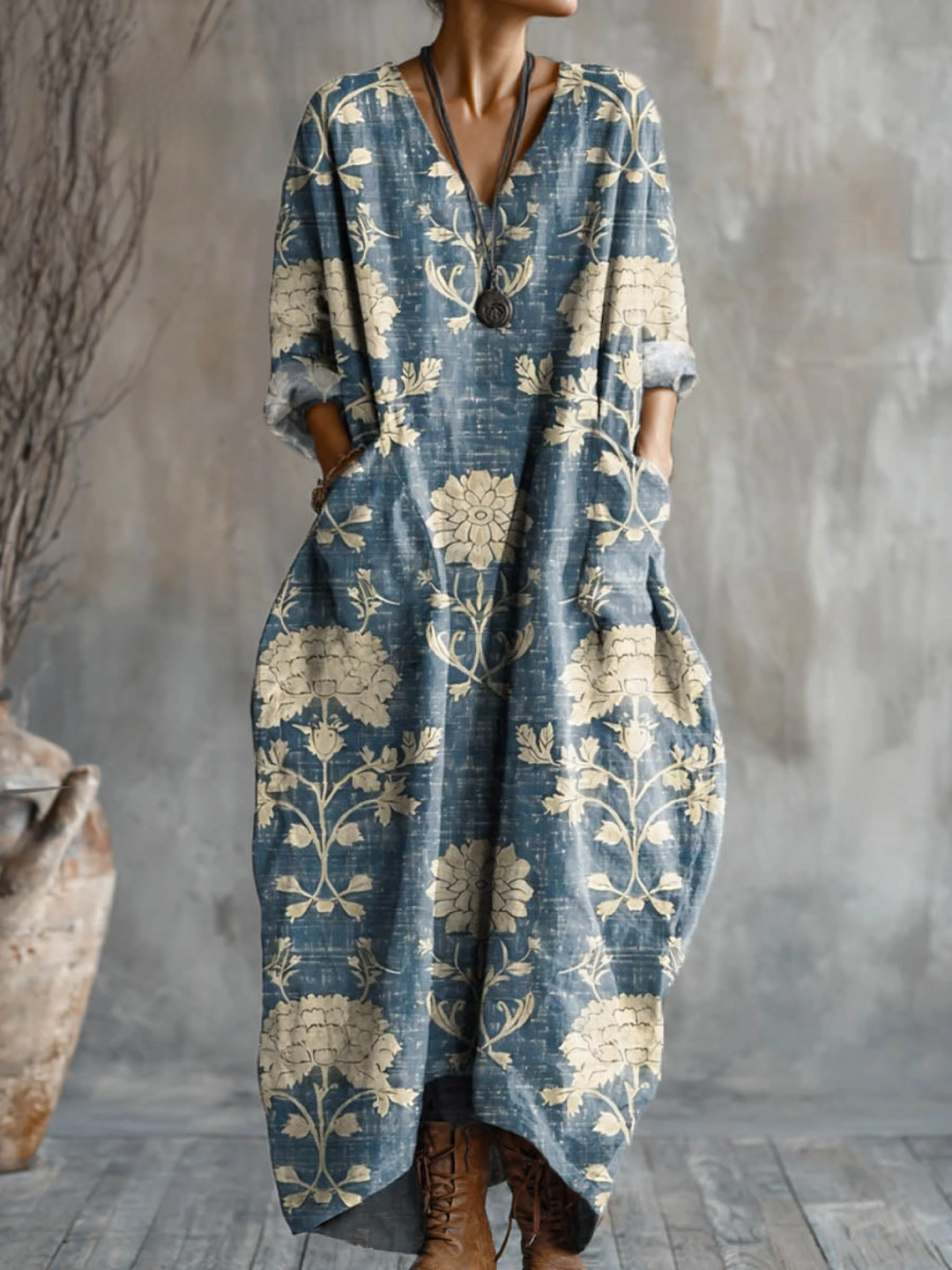 Vintage Floral V-Neck Cotton Dress for Women with Pocket and Art Print