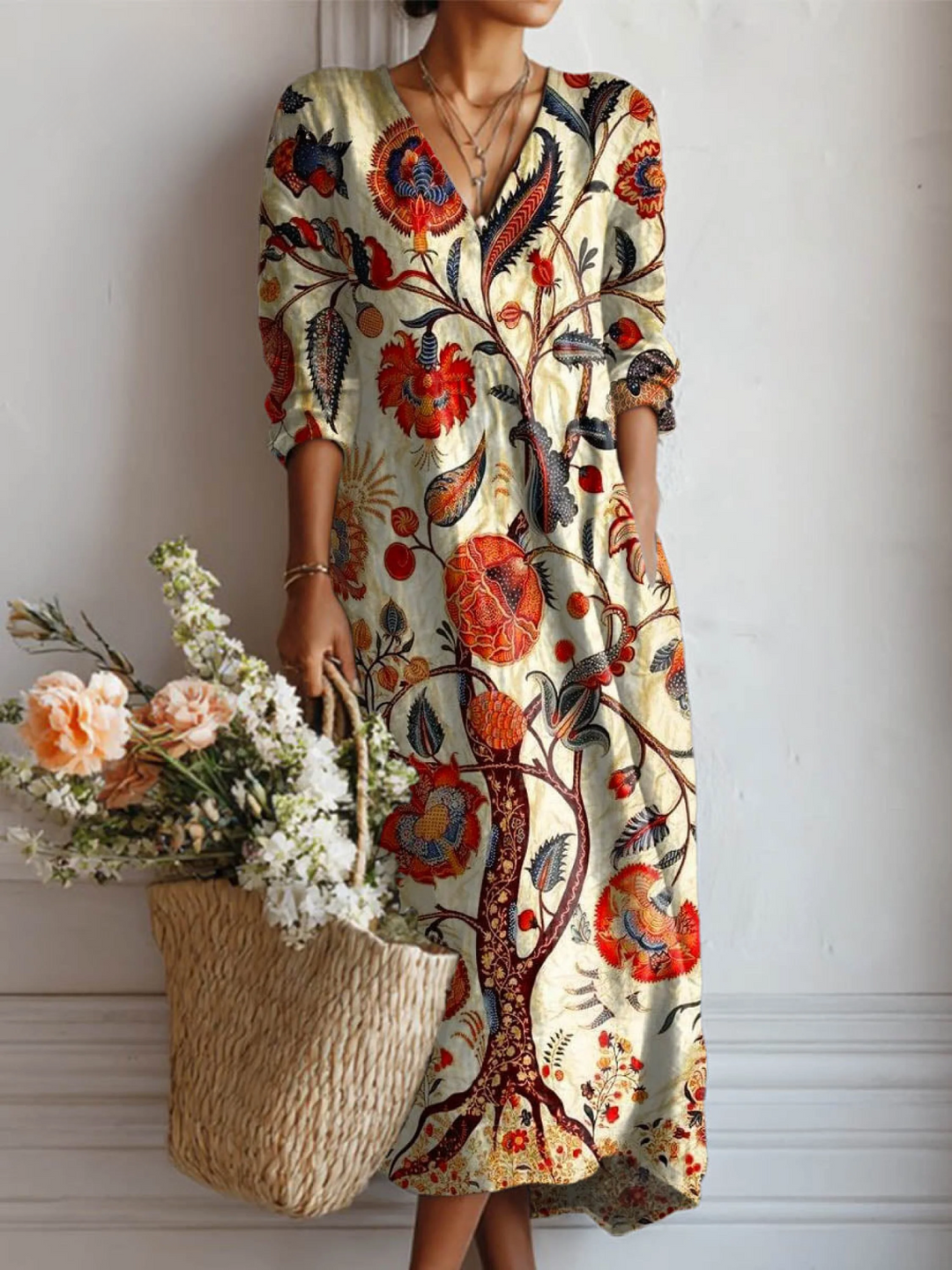 Vintage Floral Cotton-Linen Pocket Dress for Women with Artistic Print