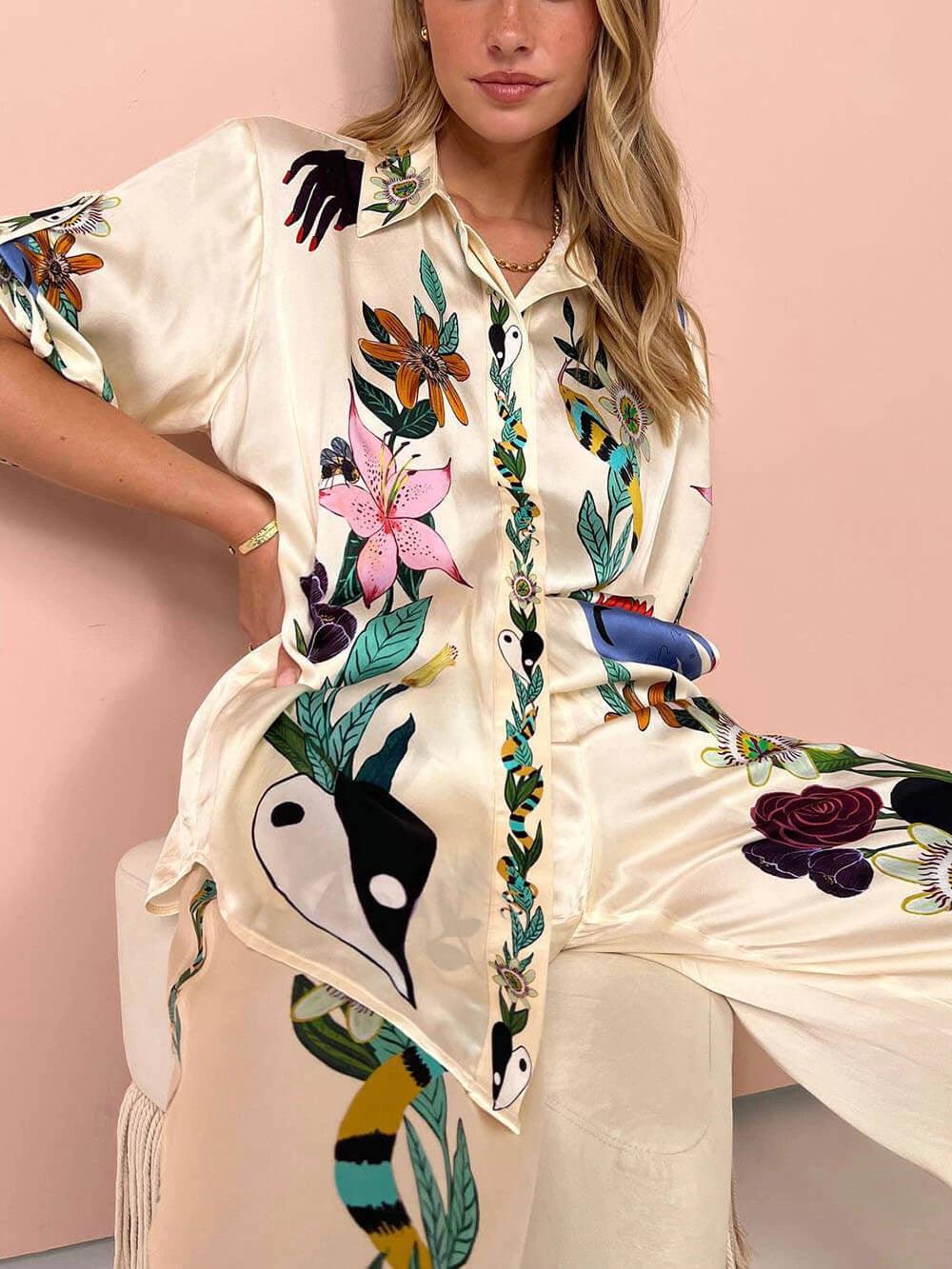 Nika | Resort Vibes Satin Unique Print Shirt & Trousers Set Fit
