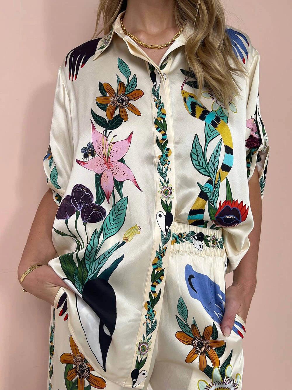 Nika | Resort Vibes Satin Unique Print Shirt & Trousers Set Fit