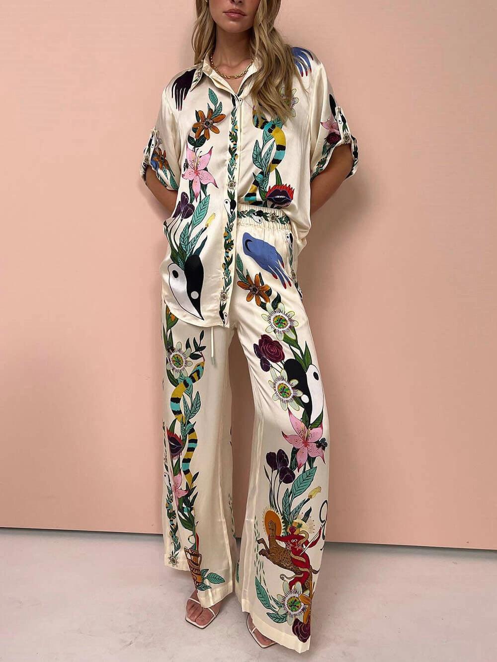 Nika | Resort Vibes Satin Unique Print Shirt & Trousers Set Fit