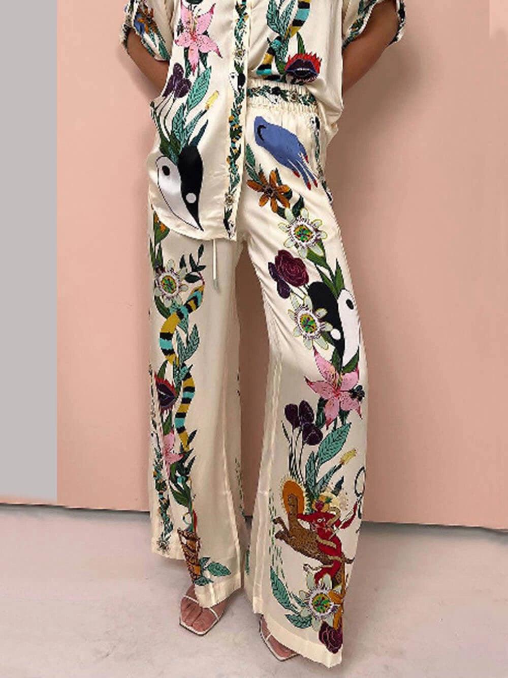 Nika | Resort Vibes Satin Unique Print Shirt & Trousers Set Fit