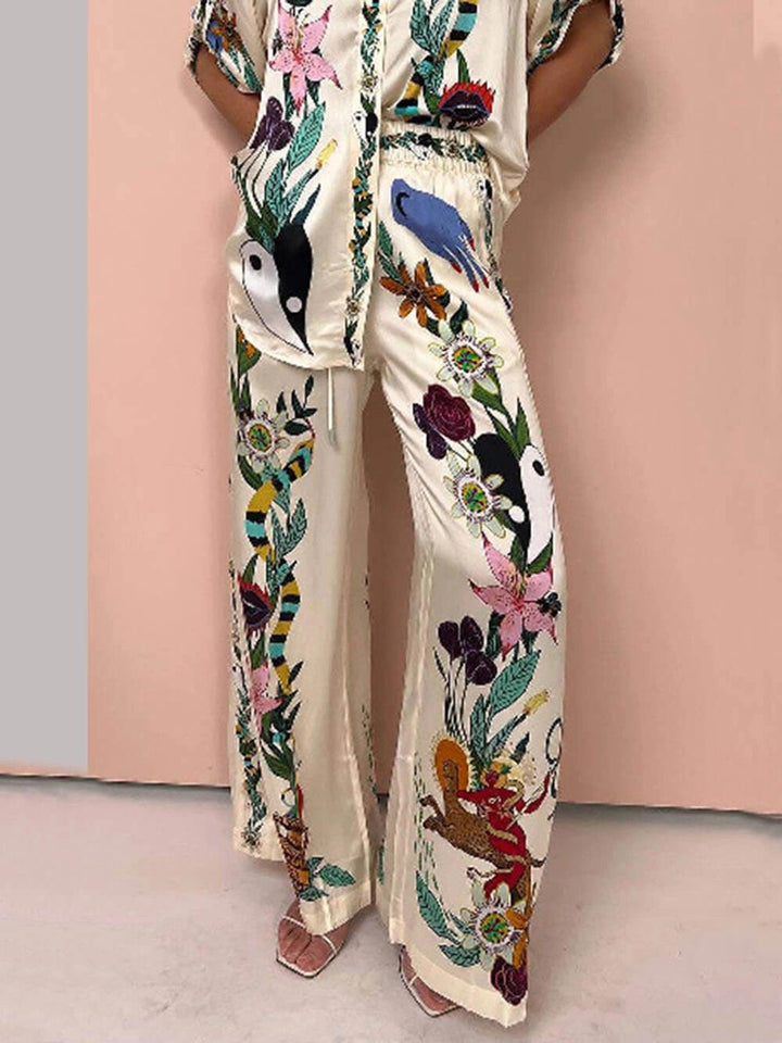 Nika | Resort Vibes Satin Unique Print Shirt & Trousers Set Fit