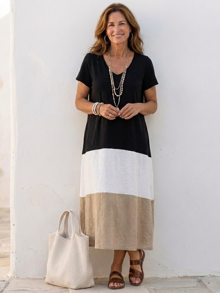 Thalia | V-Neck Midi Dress with Short Sleeves and Color Block Design
