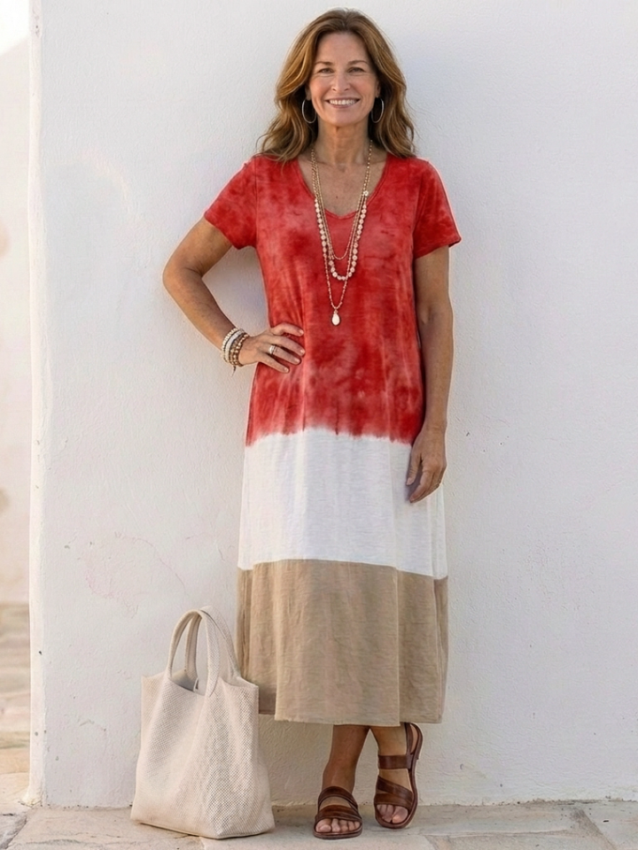 Thalia | V-Neck Midi Dress with Short Sleeves and Color Block Design