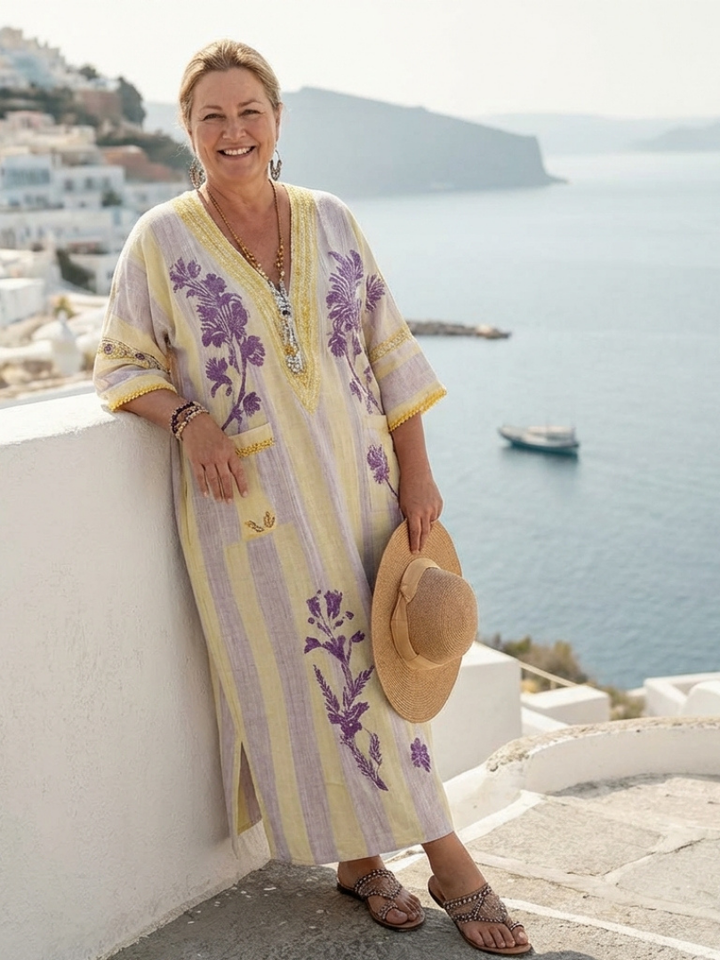 Aurelia | Striped Floral Maxi Dress with V-Neck and Half Sleeves