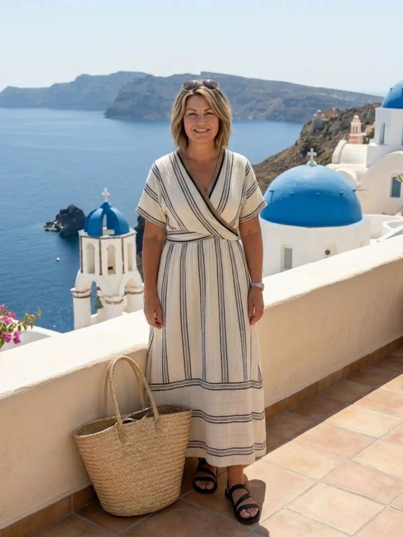 Thalassa | V-Neck Short Sleeve Midi Dress with Wrap Waist