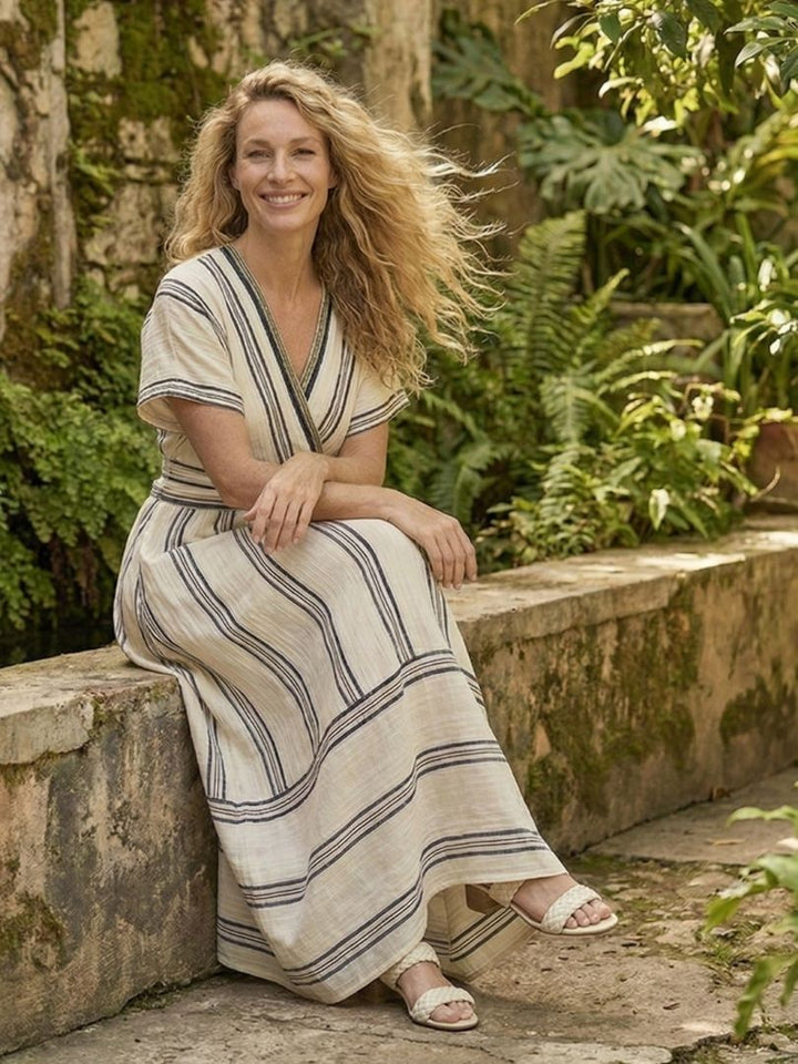 Thalassa | V-Neck Short Sleeve Midi Dress with Wrap Waist