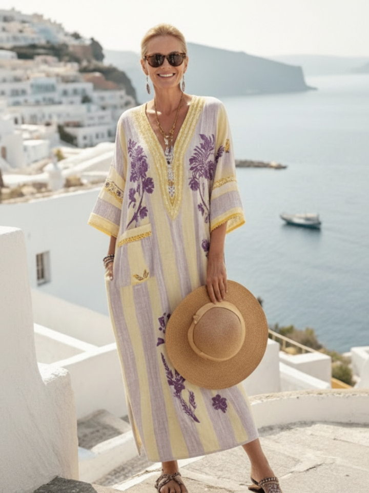 Aurelia | Striped Floral Maxi Dress with V-Neck and Half Sleeves