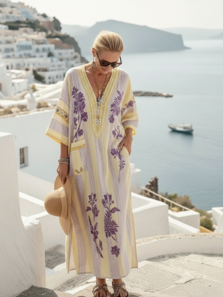 Aurelia | Striped Floral Maxi Dress with V-Neck and Half Sleeves