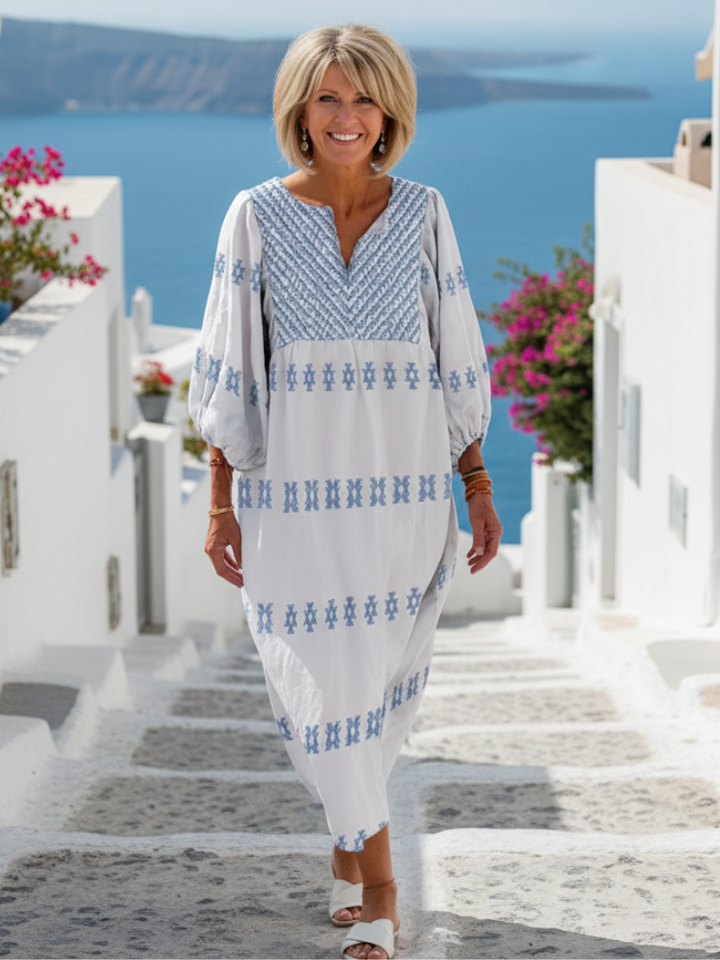 Evadne | Embroidered V-Neck Long Sleeve Maxi Dress