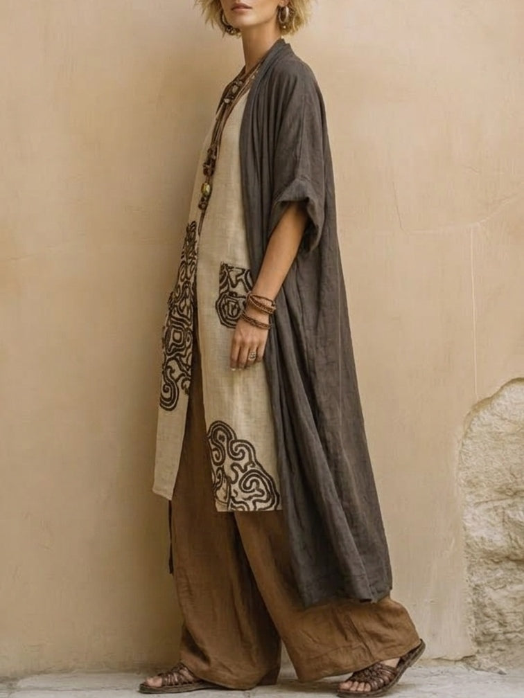 Sophie | Dark Grey & Brown Tribal Print Three-Piece Set