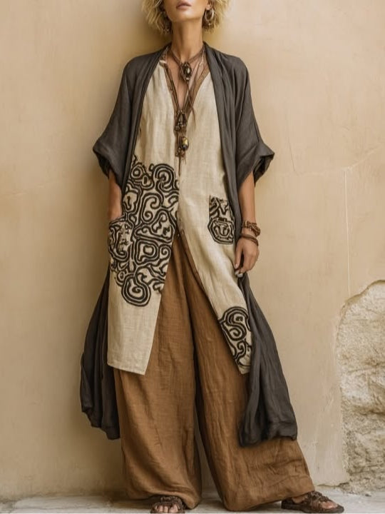 Sophie | Dark Grey & Brown Tribal Print Three-Piece Set