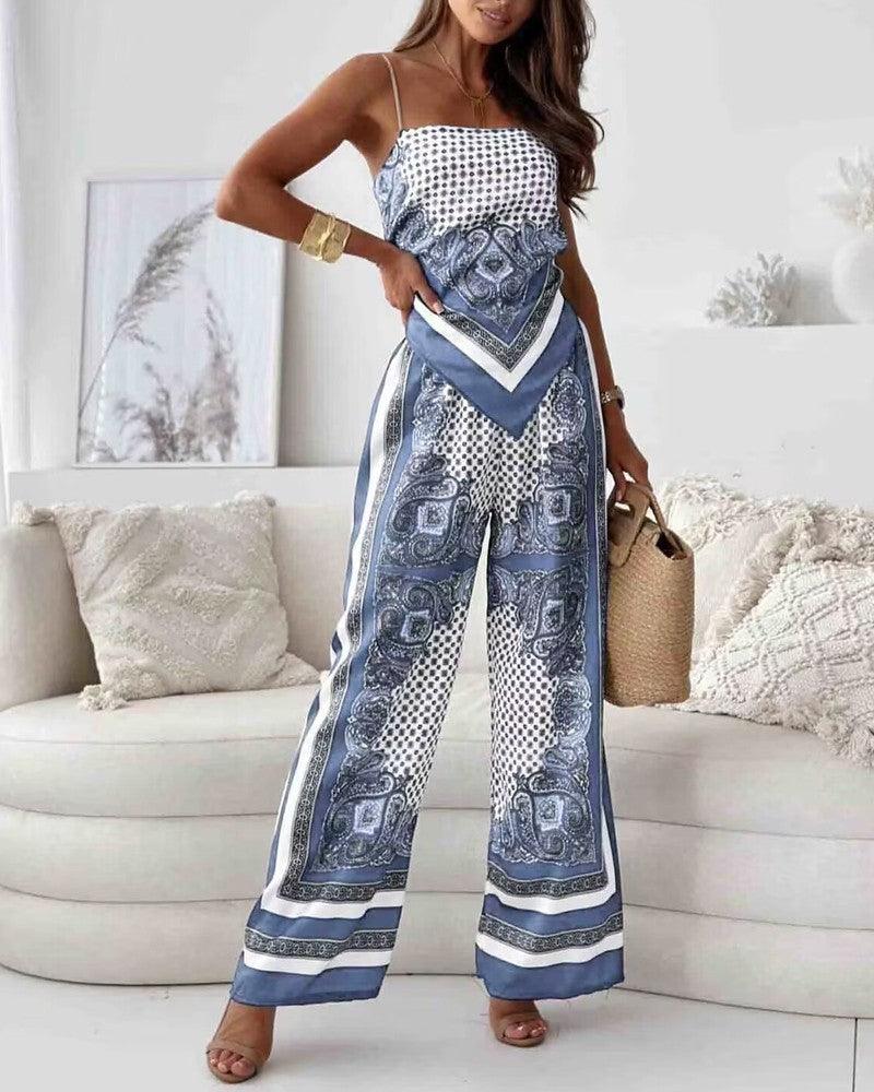 Helen | Vacation Ready Stylish Lace-Up Vest & Trousers Two-Piece Set Dress