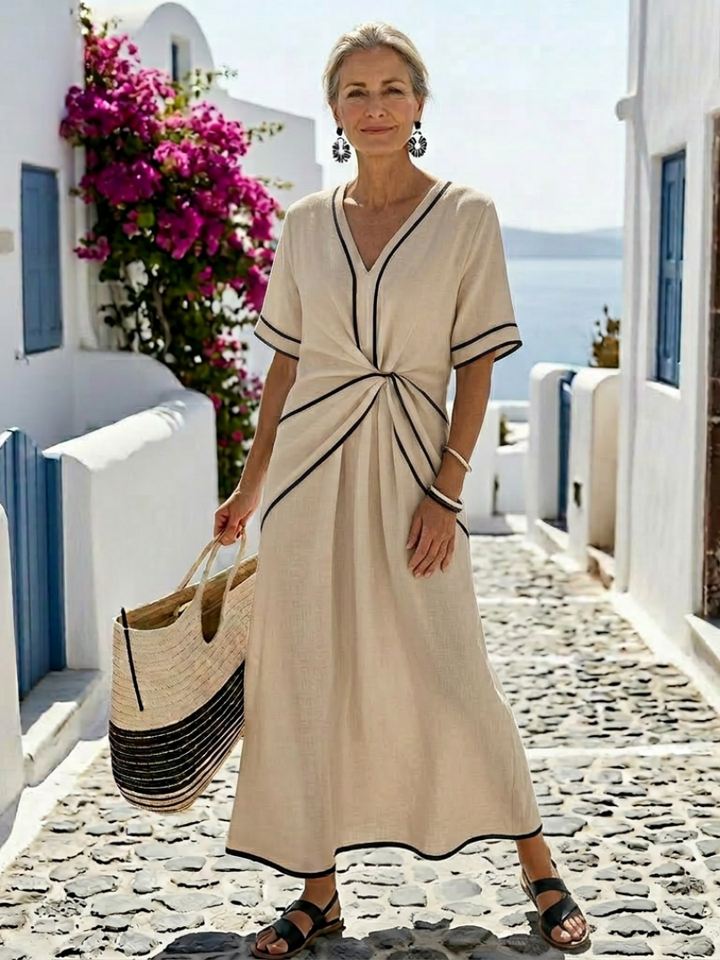 Linnea | V-Neck Short Sleeve Midi Dress with Gathered Waist