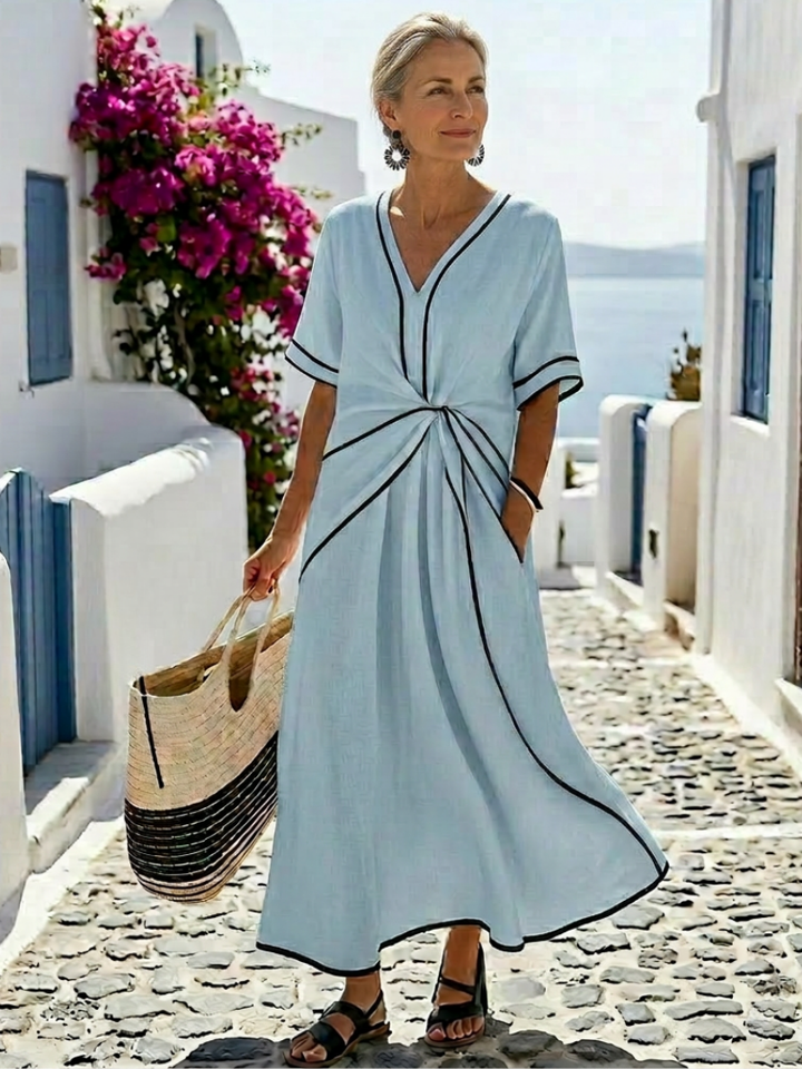 Linnea | V-Neck Short Sleeve Midi Dress with Gathered Waist